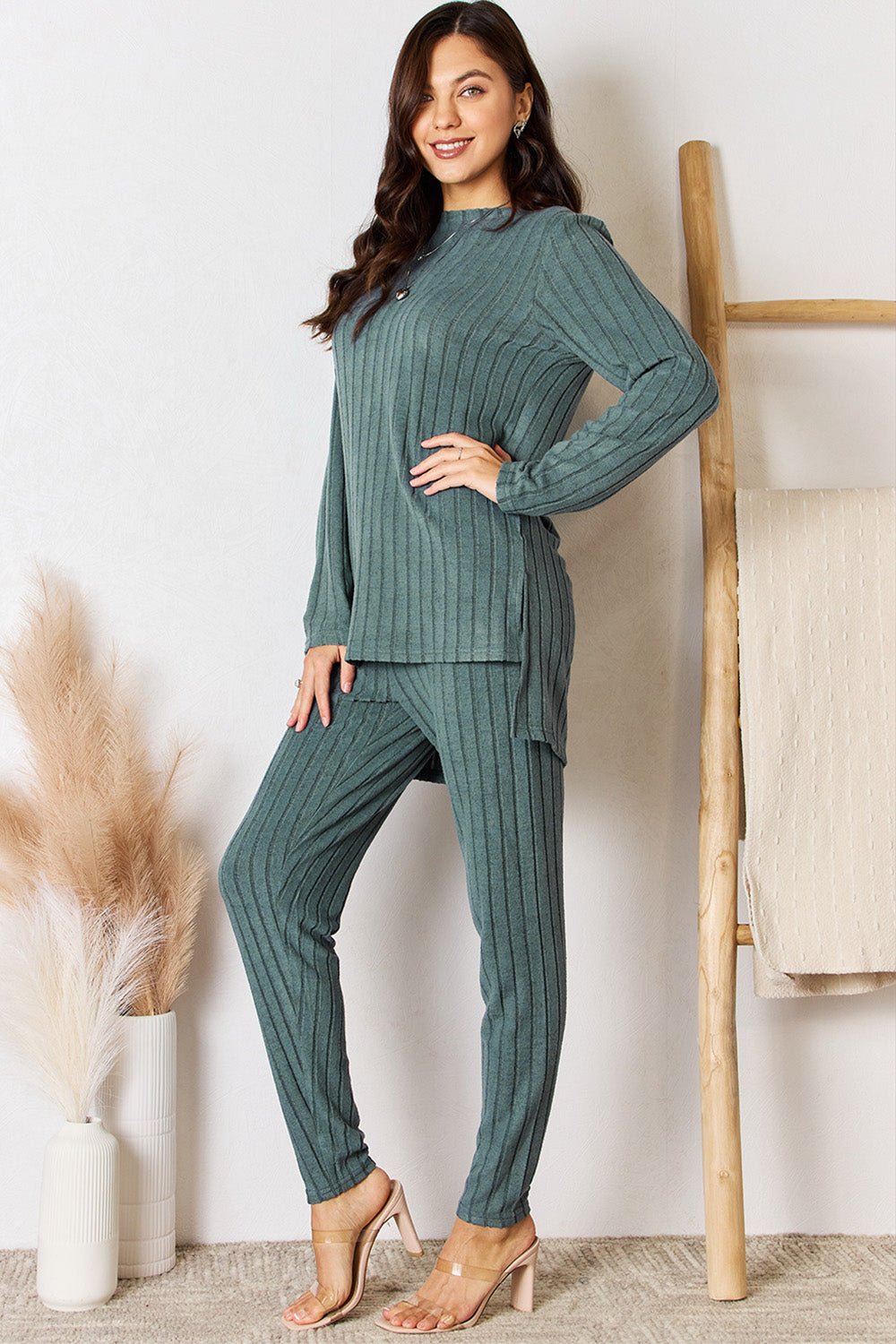 Basic Bae - Rib Knit High - Low Hem Tunic Top and Pants Set