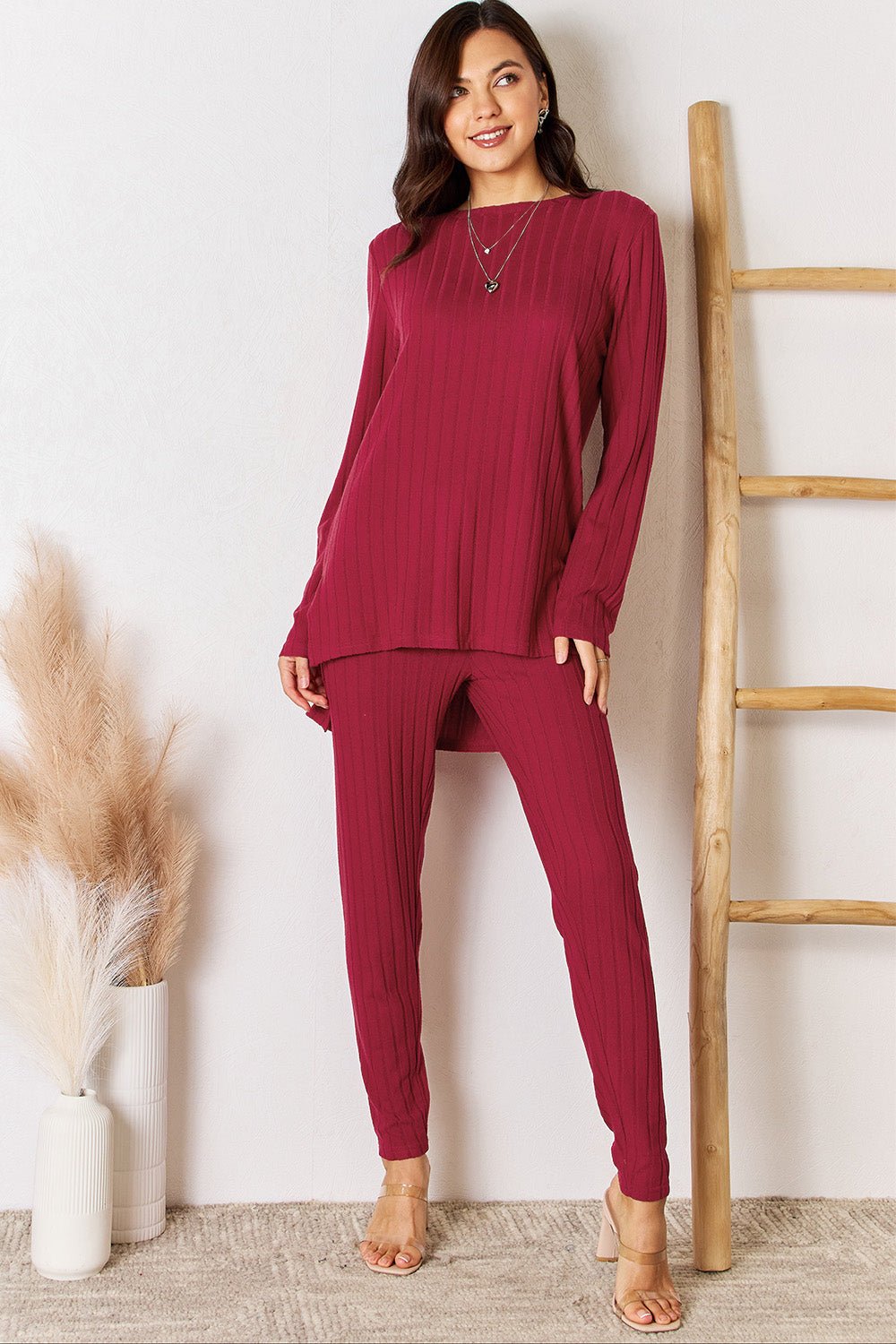 Basic Bae - Rib Knit High - Low Hem Tunic Top and Pants Set