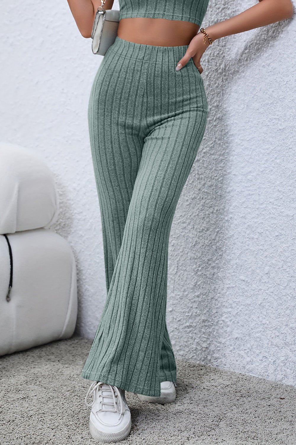 Basic Bae - Rib Knit High Waist Flare Pants