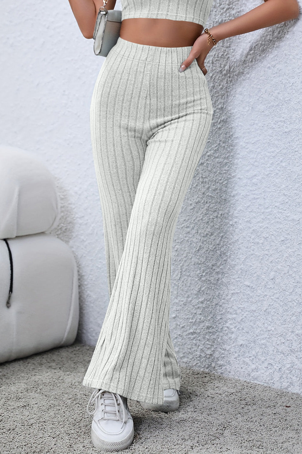 Basic Bae - Rib Knit High Waist Flare Pants