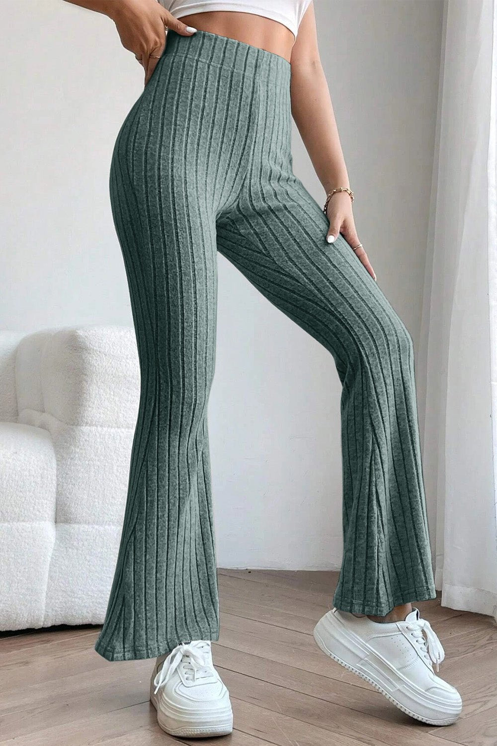 Basic Bae - Rib Knit High Waist Flare Pants