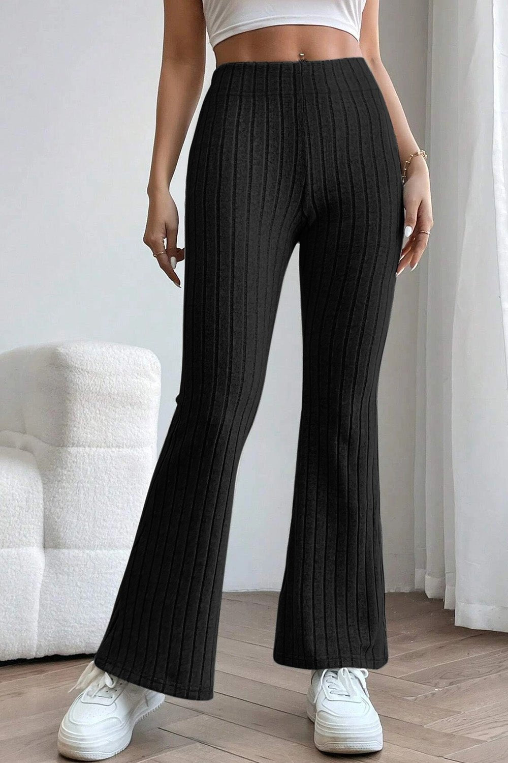 Basic Bae - Rib Knit High Waist Flare Pants