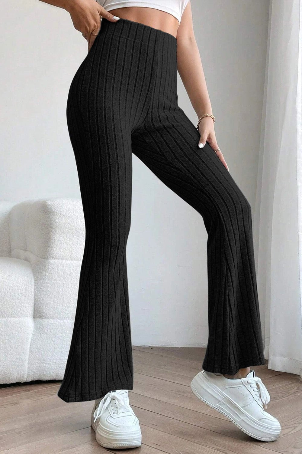 Basic Bae - Rib Knit High Waist Flare Pants