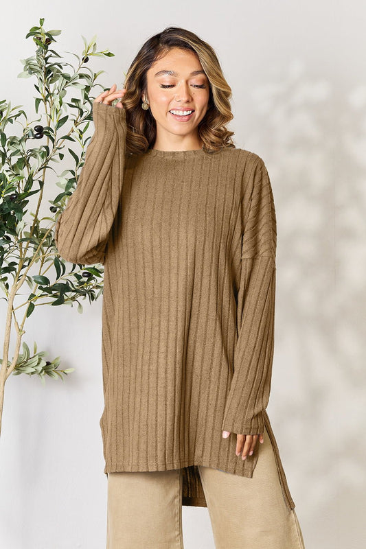 Basic Bae - Rib Knit Long Sleeve High - Low Hem Tunic Top