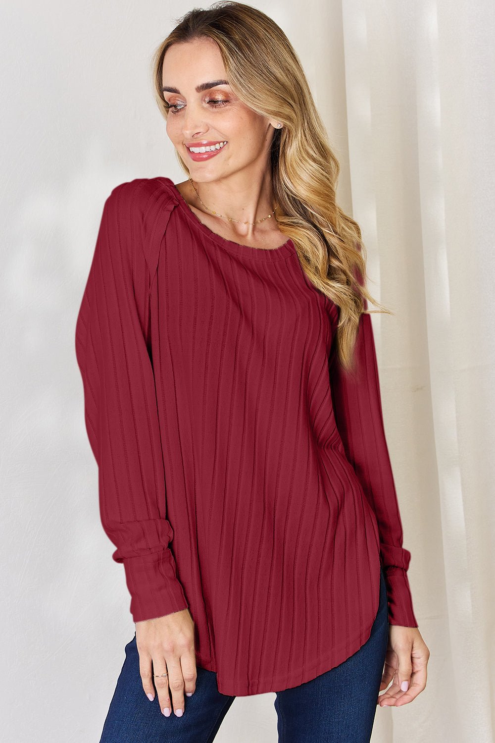 Basic Bae - Rib Knit Long Sleeve Tunic T-Shirt