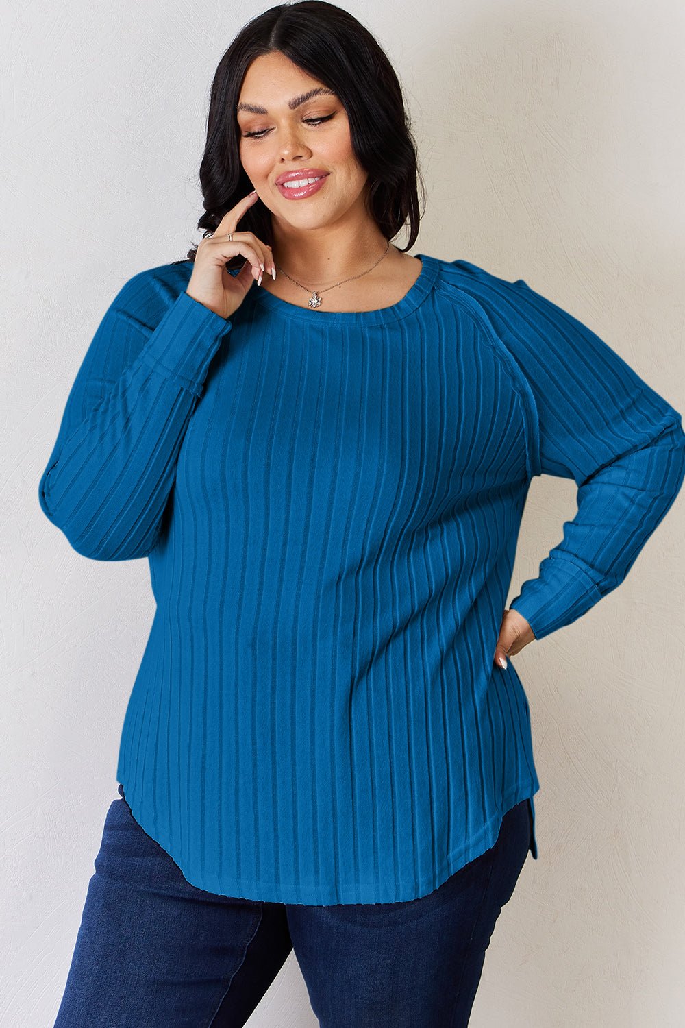 Basic Bae - Rib Knit Long Sleeve Tunic T-Shirt