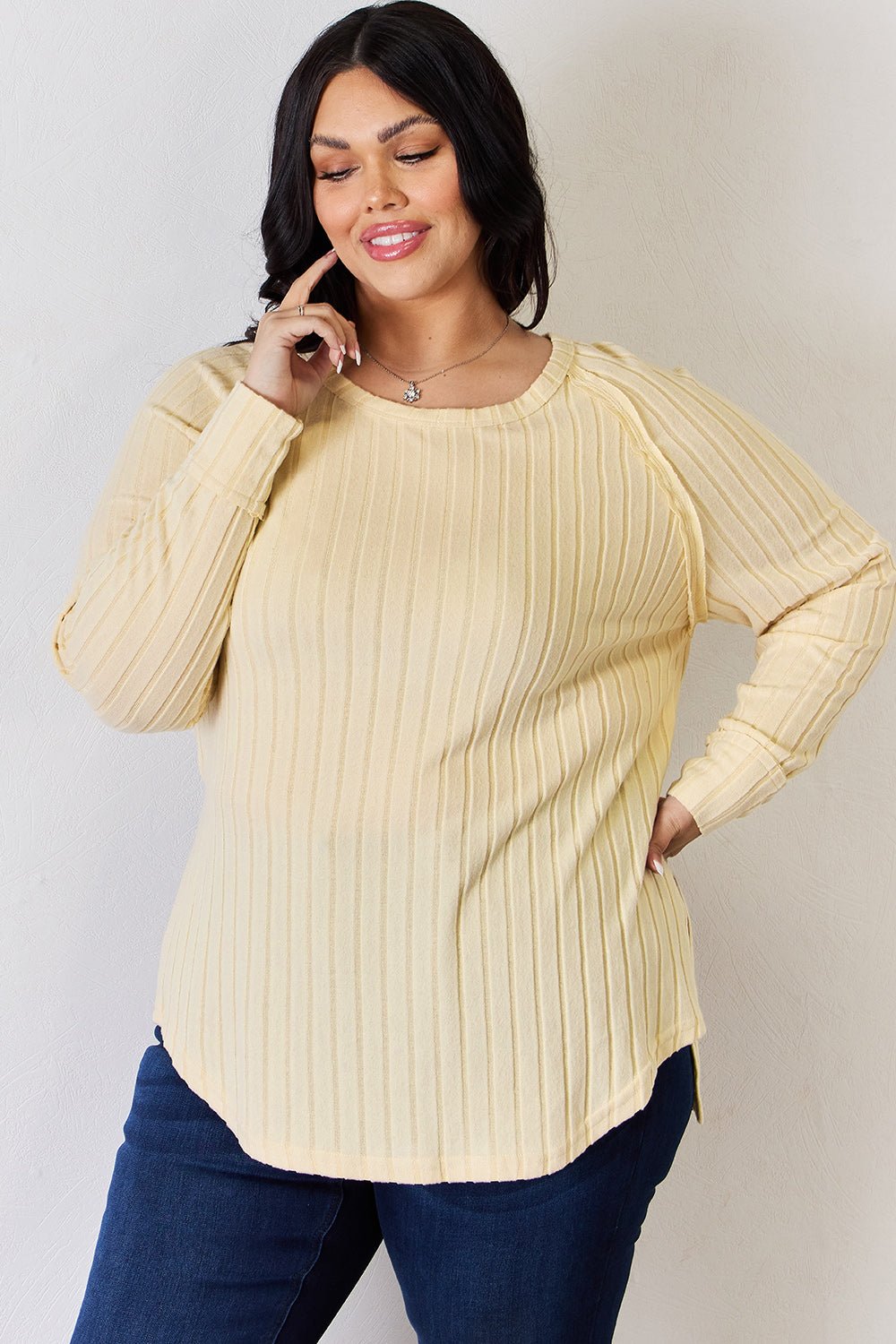 Basic Bae - Rib Knit Long Sleeve Tunic T-Shirt