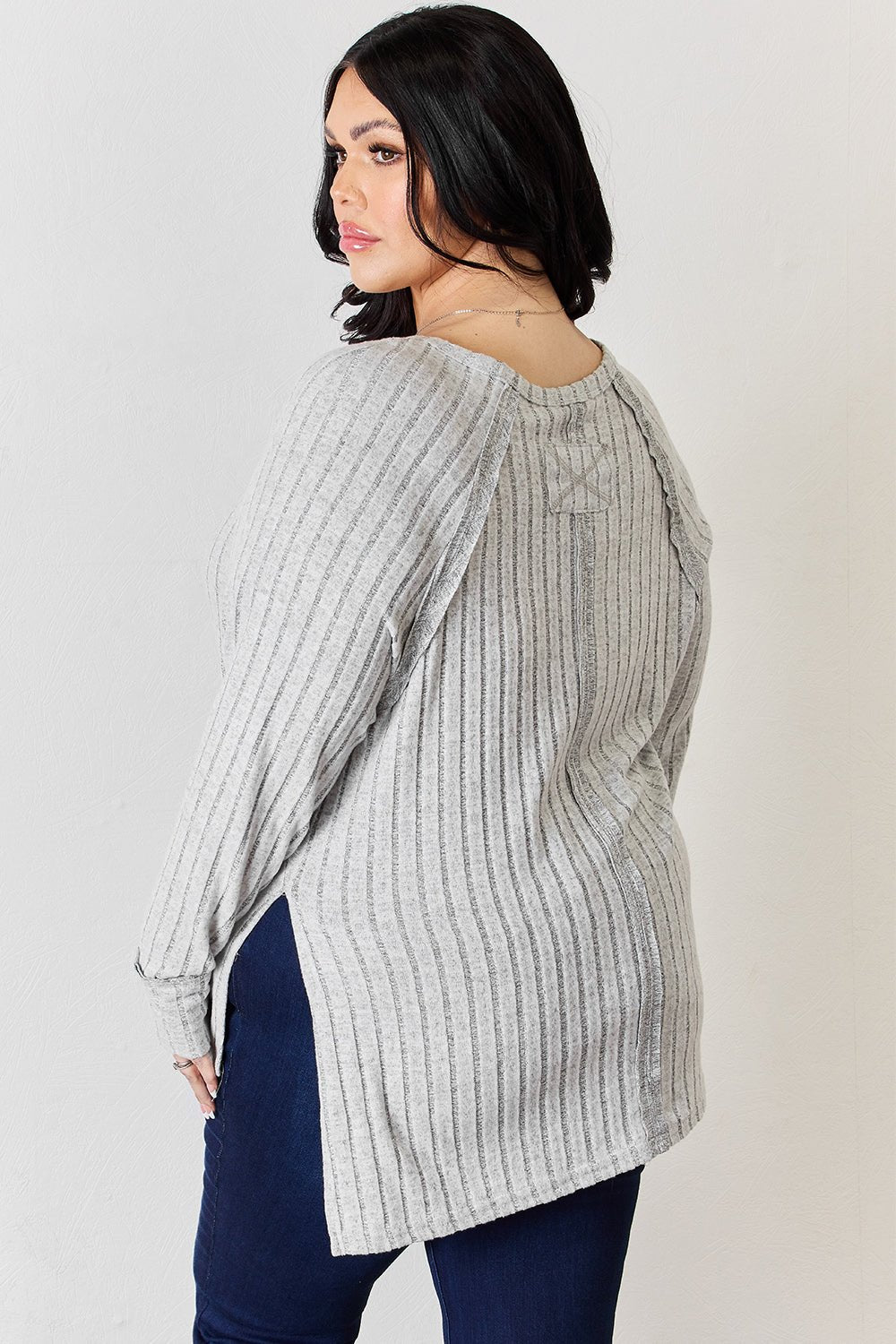 Basic Bae - Rib Knit Long Sleeve Tunic T-Shirt