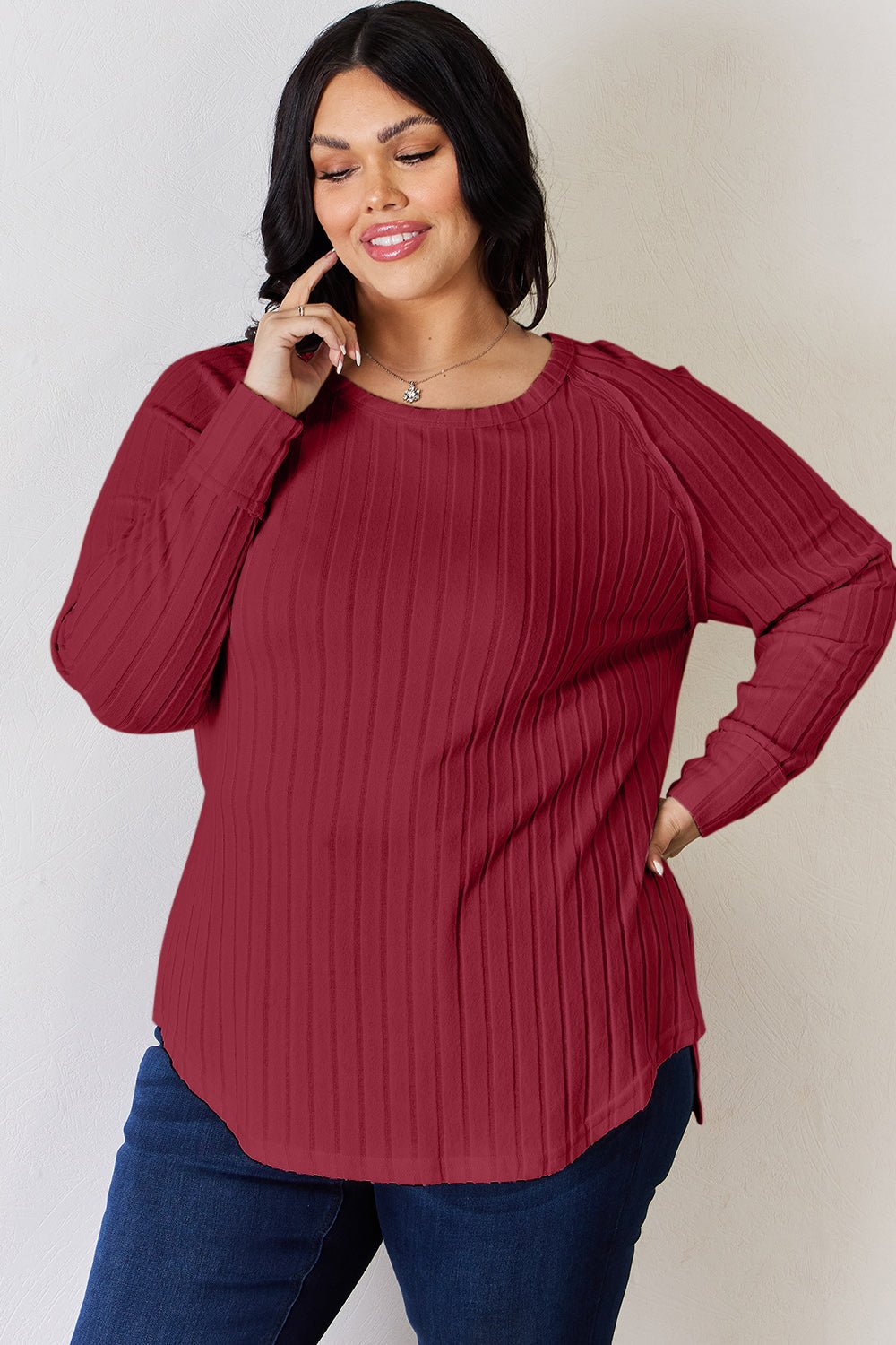 Basic Bae - Rib Knit Long Sleeve Tunic T-Shirt