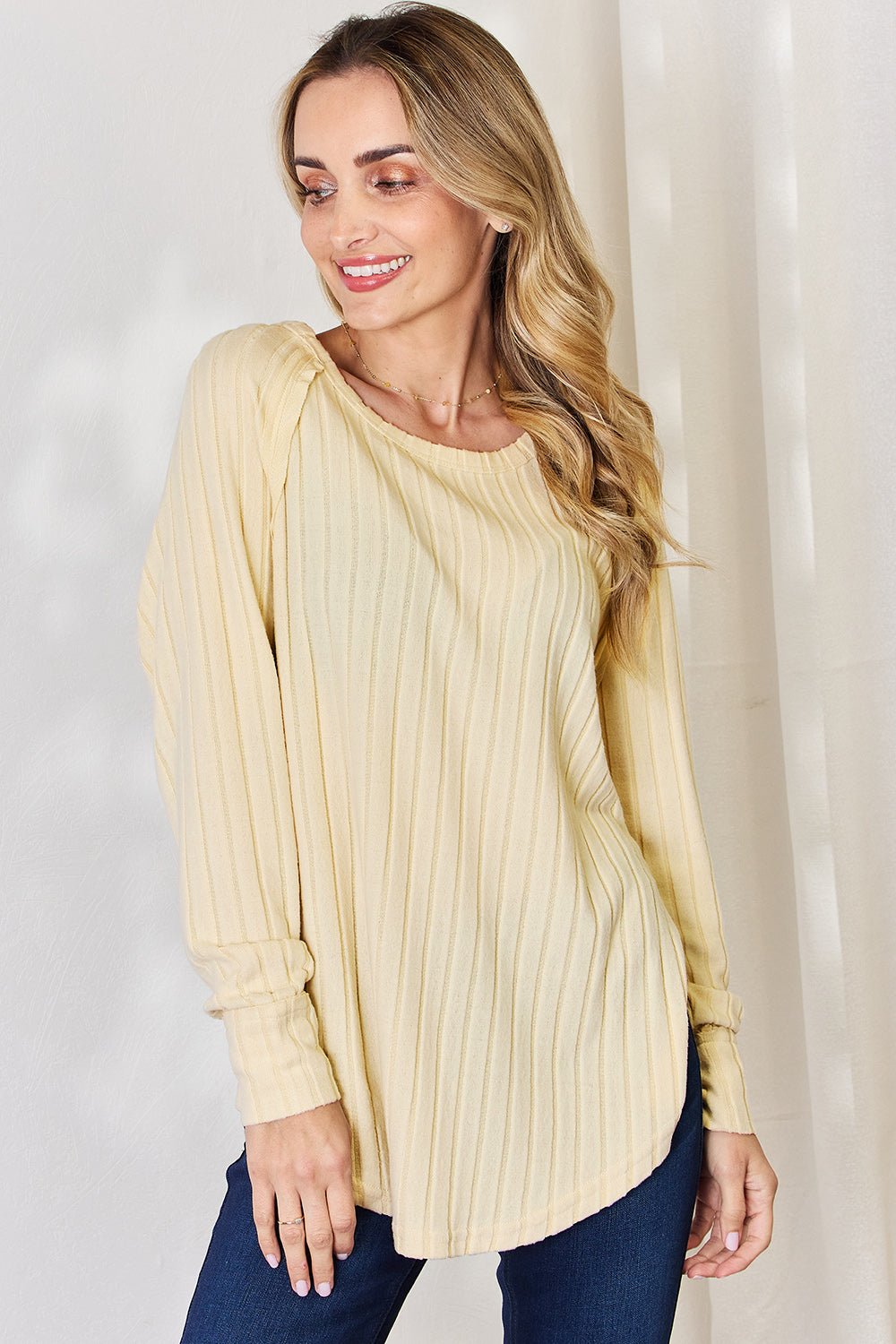 Basic Bae - Rib Knit Long Sleeve Tunic T-Shirt