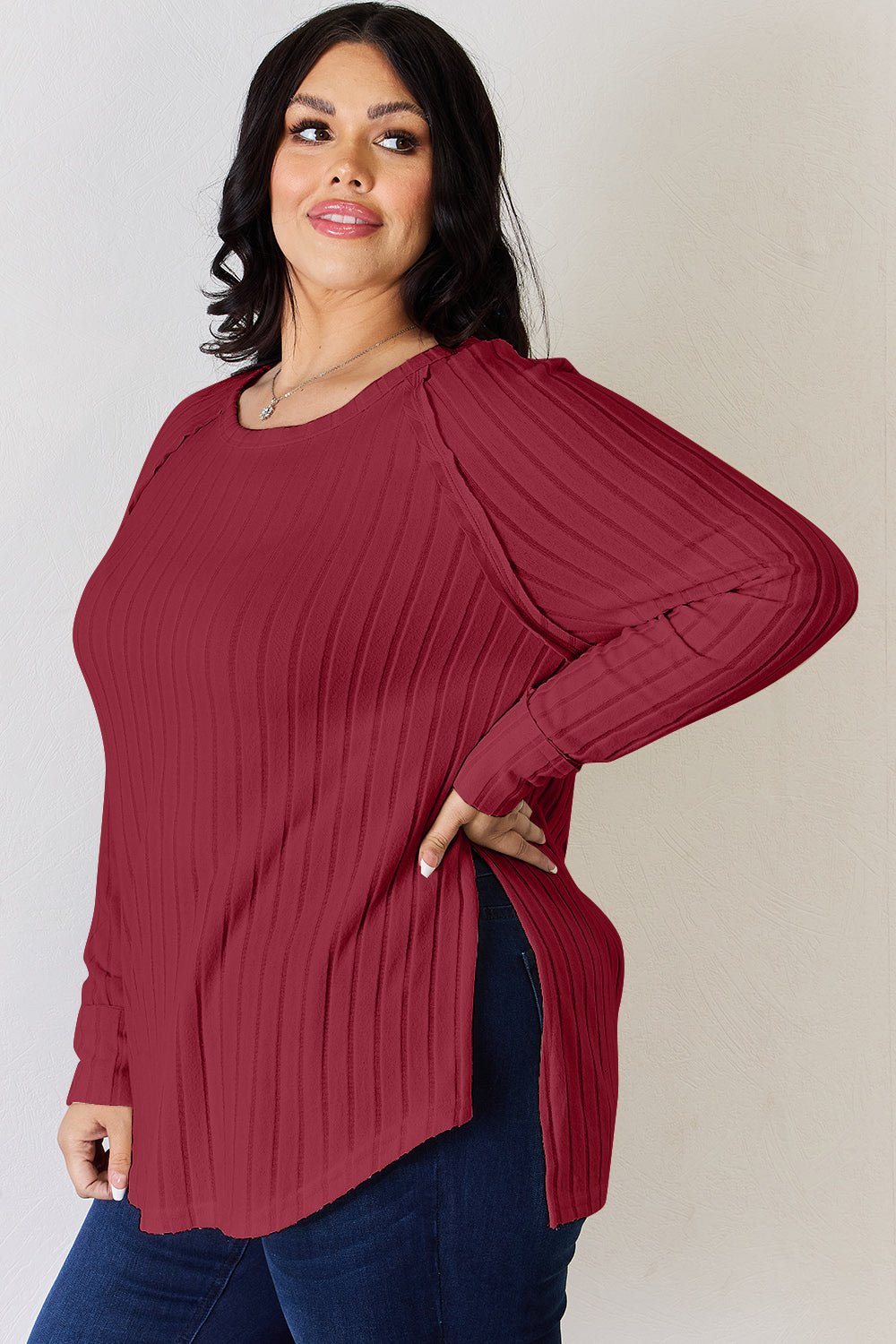 Basic Bae - Rib Knit Long Sleeve Tunic T-Shirt