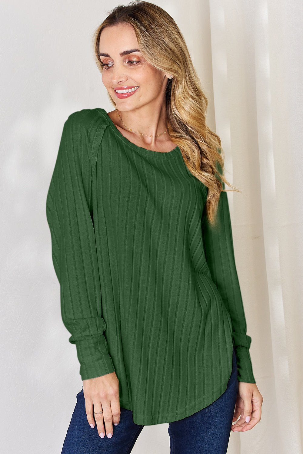 Basic Bae - Rib Knit Long Sleeve Tunic T-Shirt