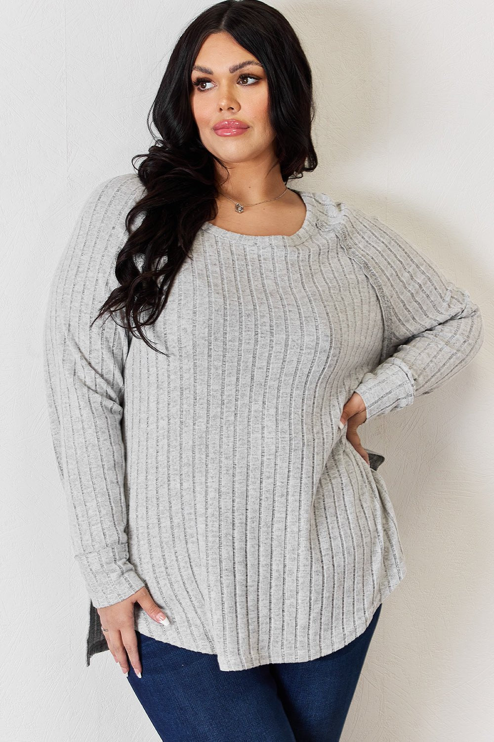 Basic Bae - Rib Knit Long Sleeve Tunic T-Shirt