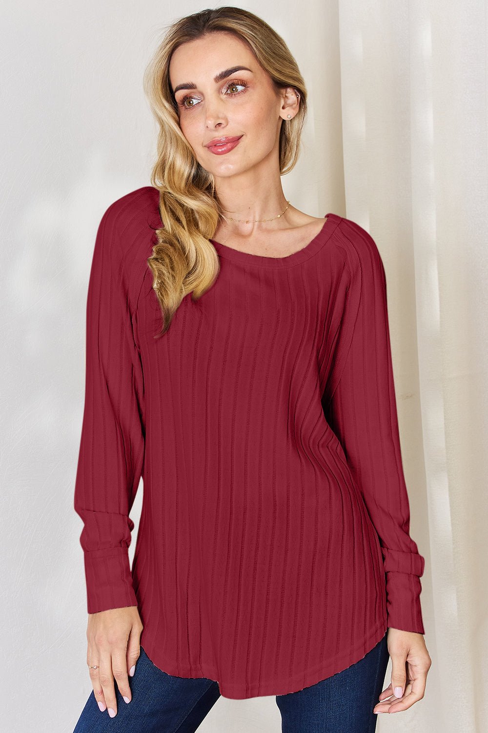 Basic Bae - Rib Knit Long Sleeve Tunic T-Shirt