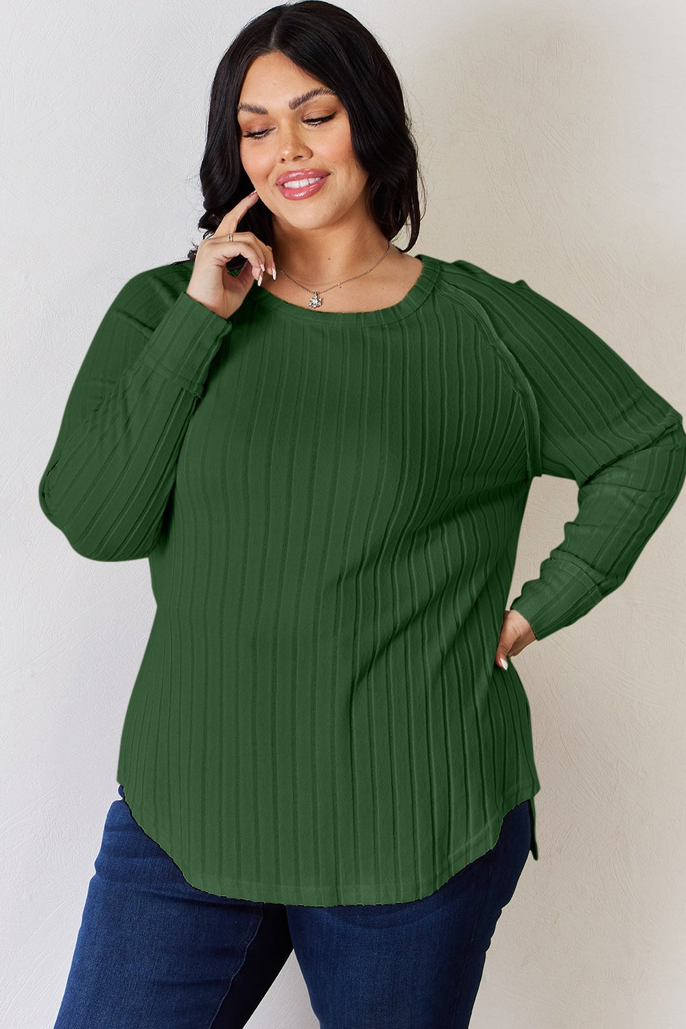 Basic Bae - Rib Knit Long Sleeve Tunic T-Shirt