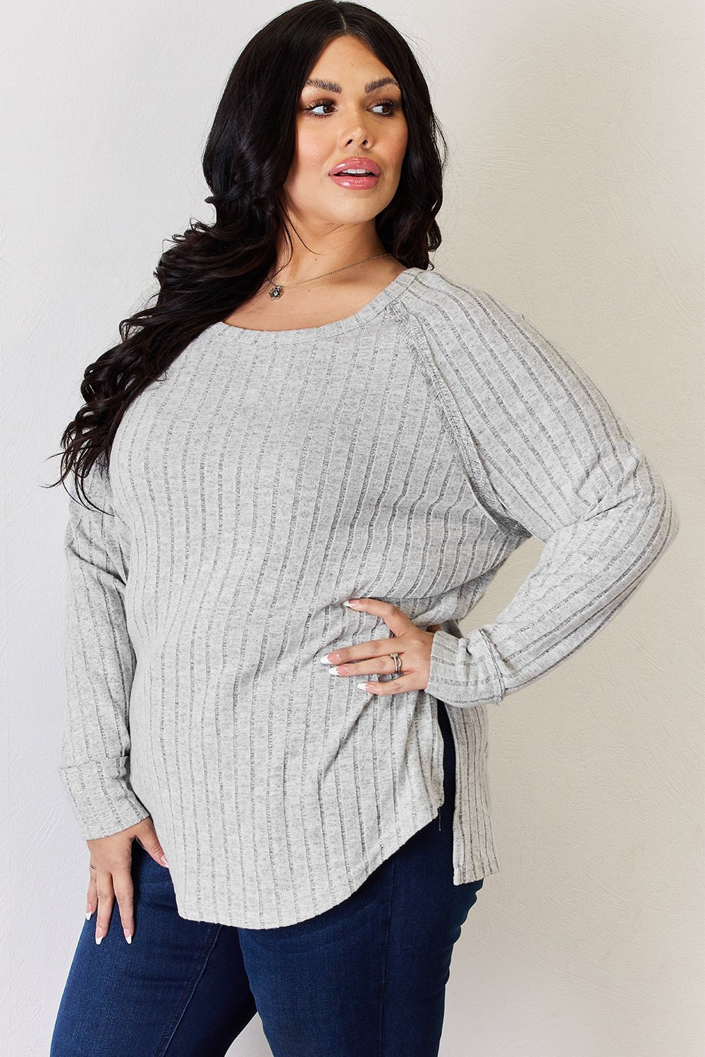 Basic Bae - Rib Knit Long Sleeve Tunic T-Shirt