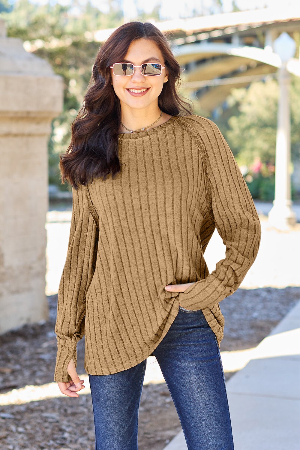 Basic Bae - Rib Knit Long Thumbhole Sleeve Knit Top