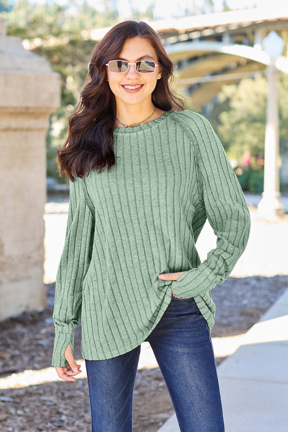 Basic Bae - Rib Knit Long Thumbhole Sleeve Knit Top