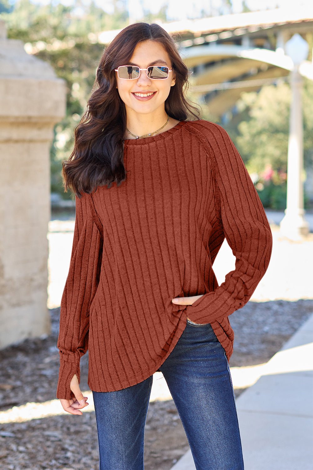 Basic Bae - Rib Knit Long Thumbhole Sleeve Knit Top