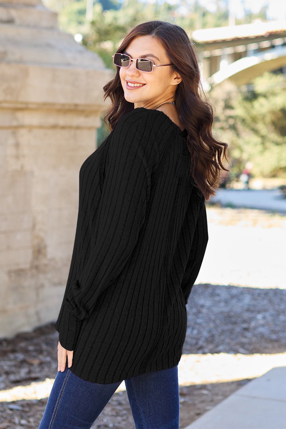 Basic Bae - Rib Knit Long Thumbhole Sleeve Knit Top