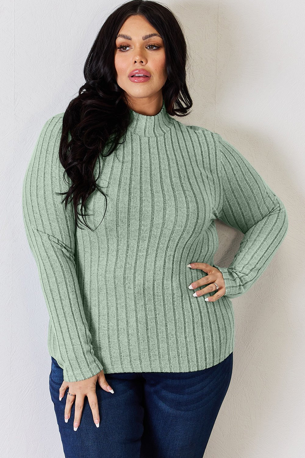 Basic Bae - Rib Knit Mock Neck Long Sleeve T-Shirt