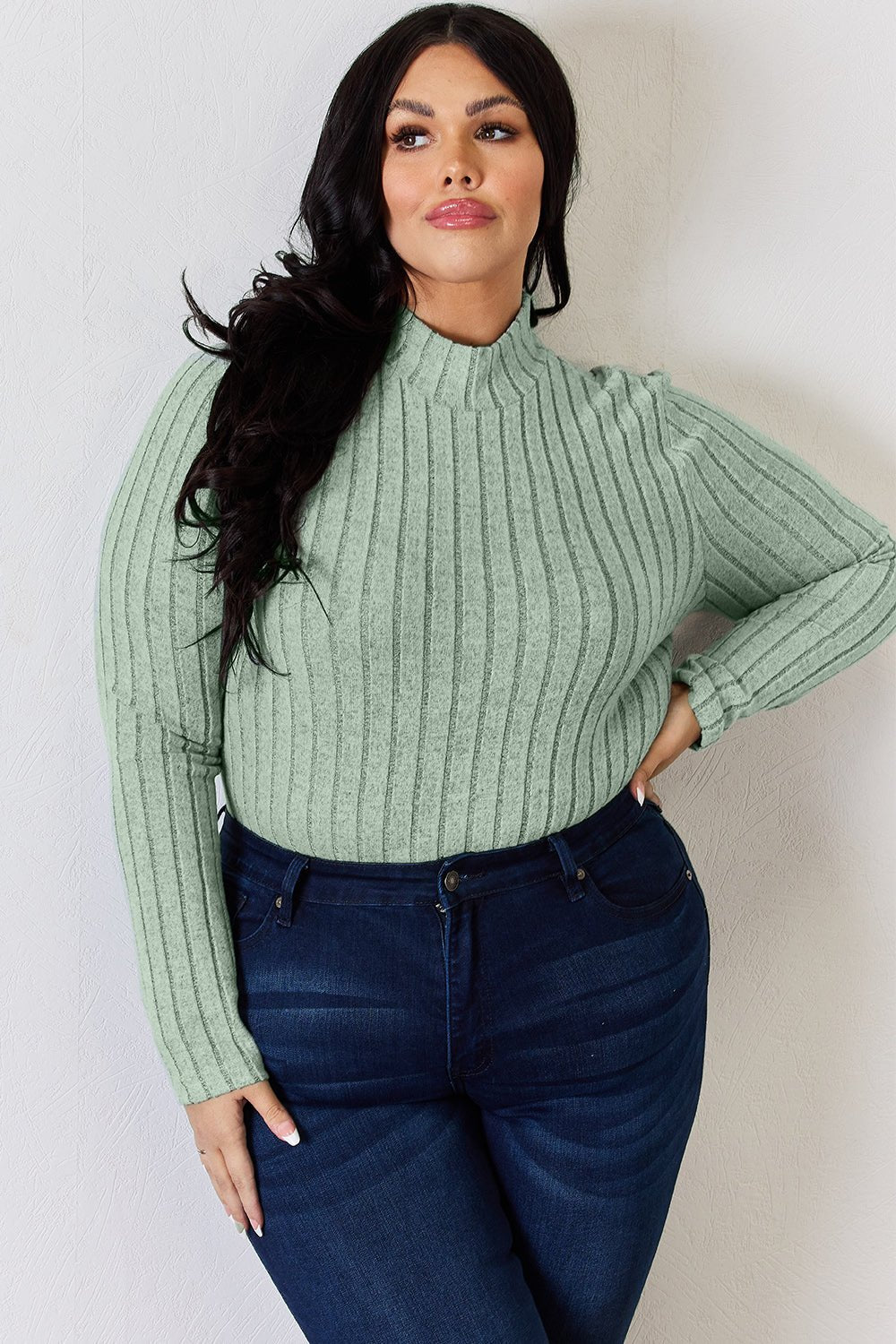 Basic Bae - Rib Knit Mock Neck Long Sleeve T-Shirt