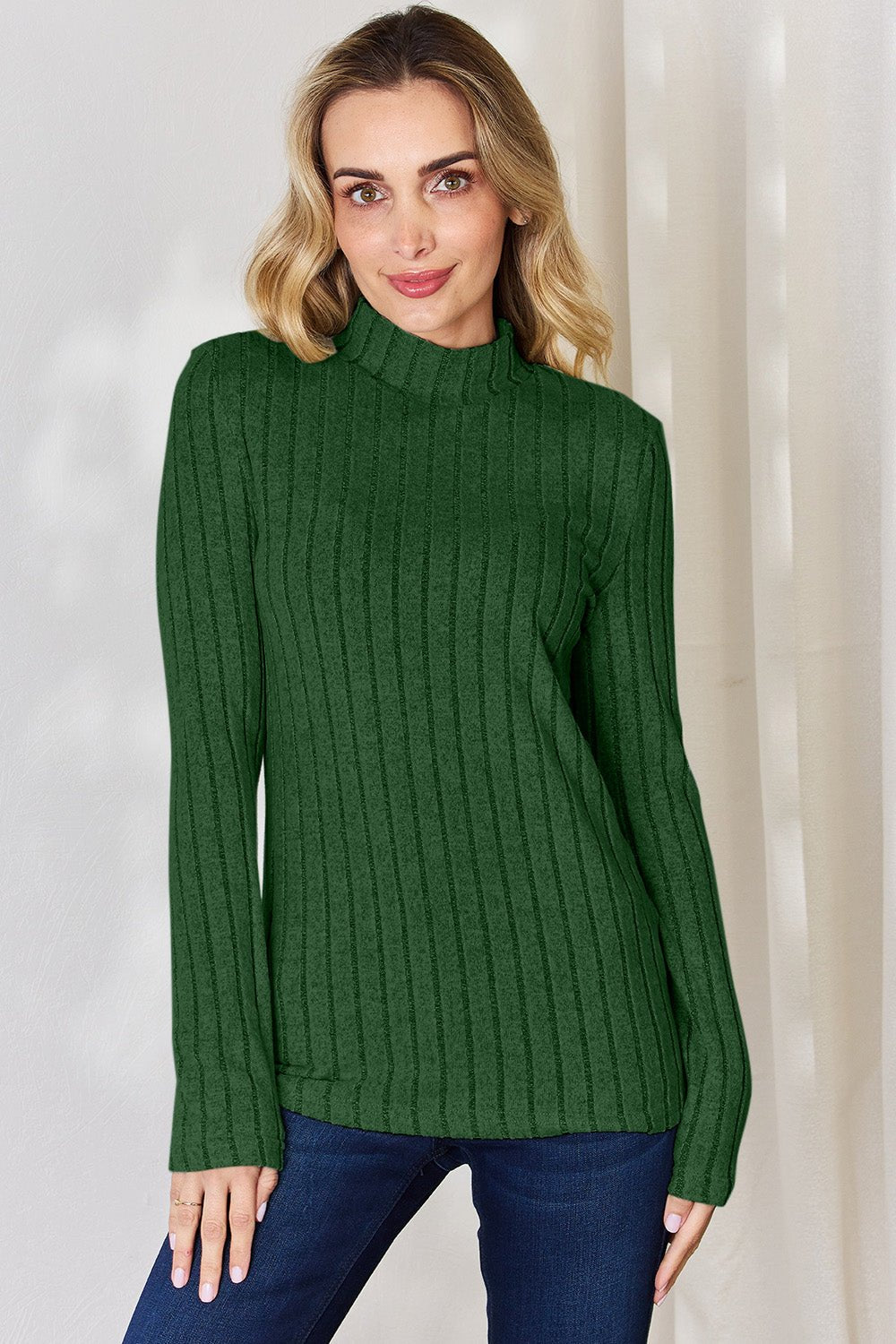 Basic Bae - Rib Knit Mock Neck Long Sleeve T-Shirt