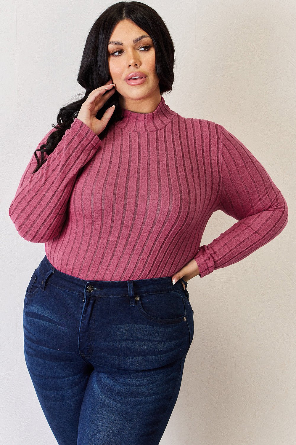 Basic Bae - Rib Knit Mock Neck Long Sleeve T-Shirt