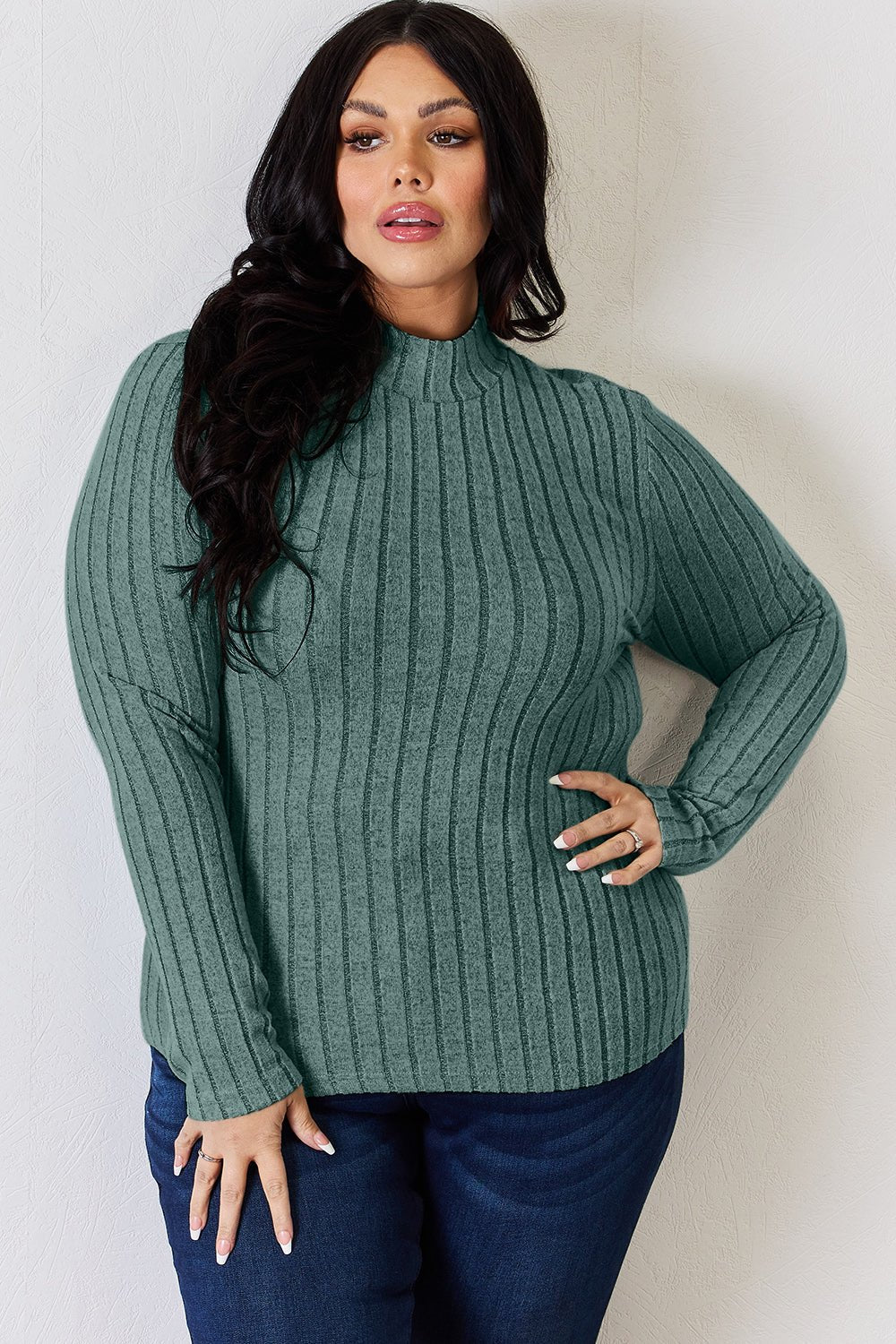 Basic Bae - Rib Knit Mock Neck Long Sleeve T-Shirt