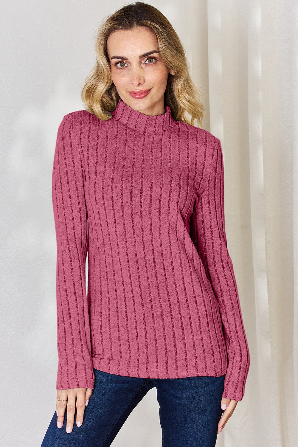 Basic Bae - Rib Knit Mock Neck Long Sleeve T-Shirt