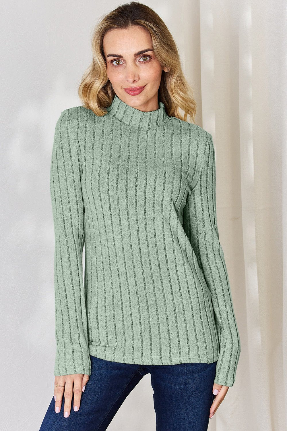 Basic Bae - Rib Knit Mock Neck Long Sleeve T-Shirt