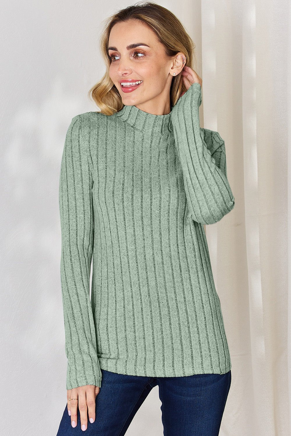 Basic Bae - Rib Knit Mock Neck Long Sleeve T-Shirt