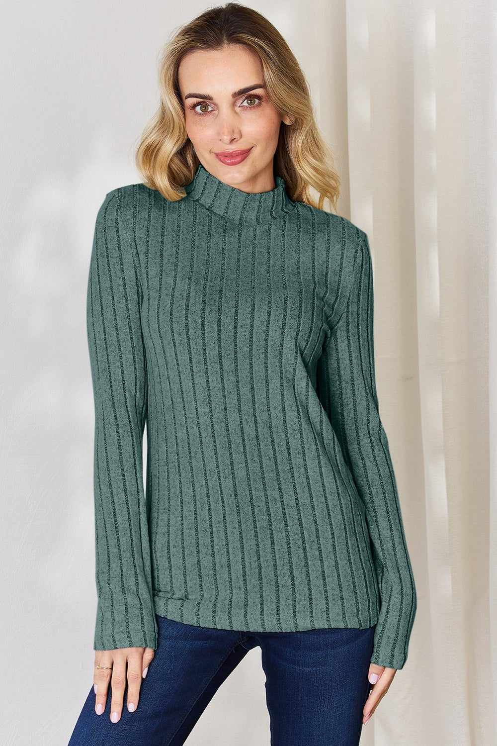 Basic Bae - Rib Knit Mock Neck Long Sleeve T-Shirt