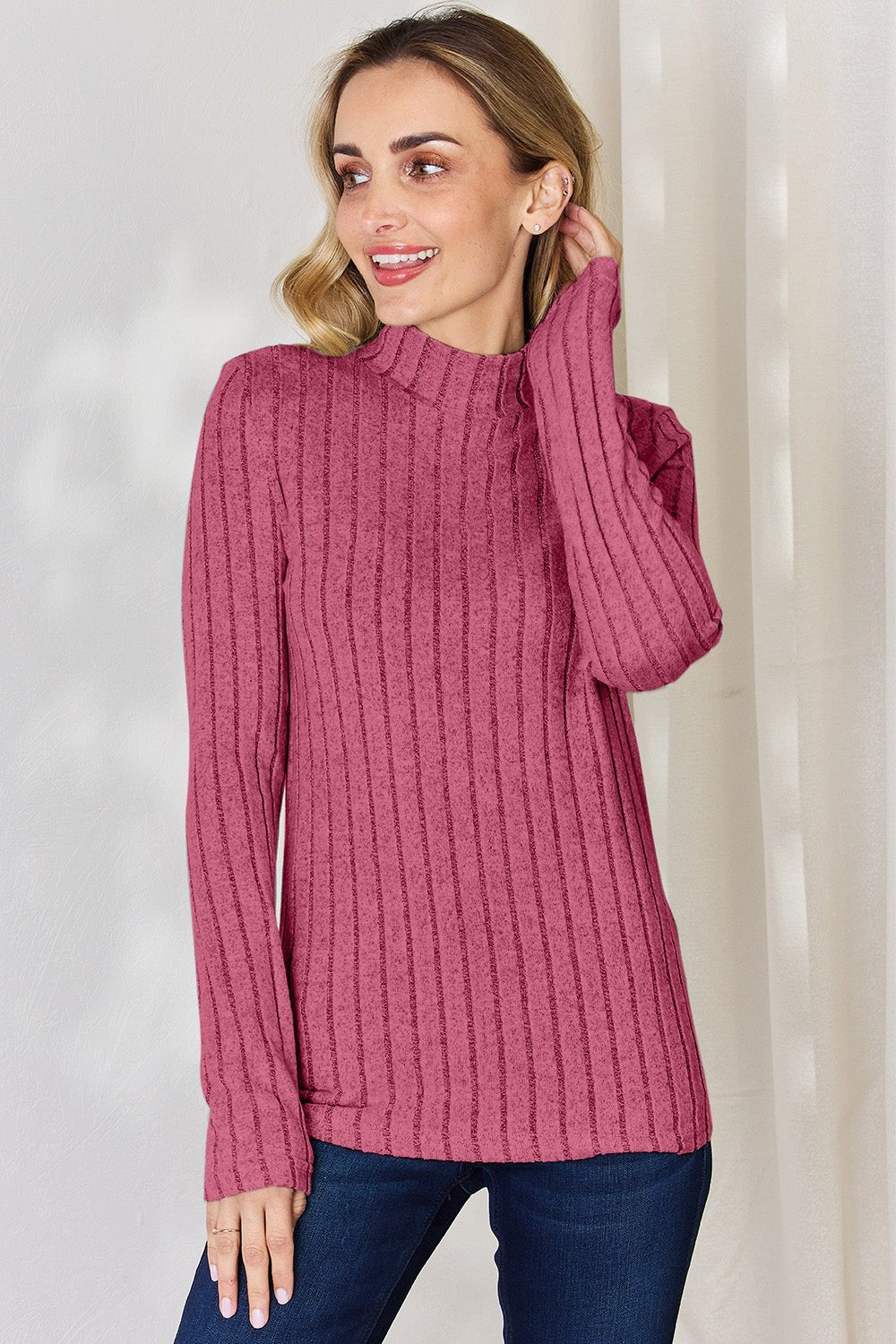 Basic Bae - Rib Knit Mock Neck Long Sleeve T-Shirt