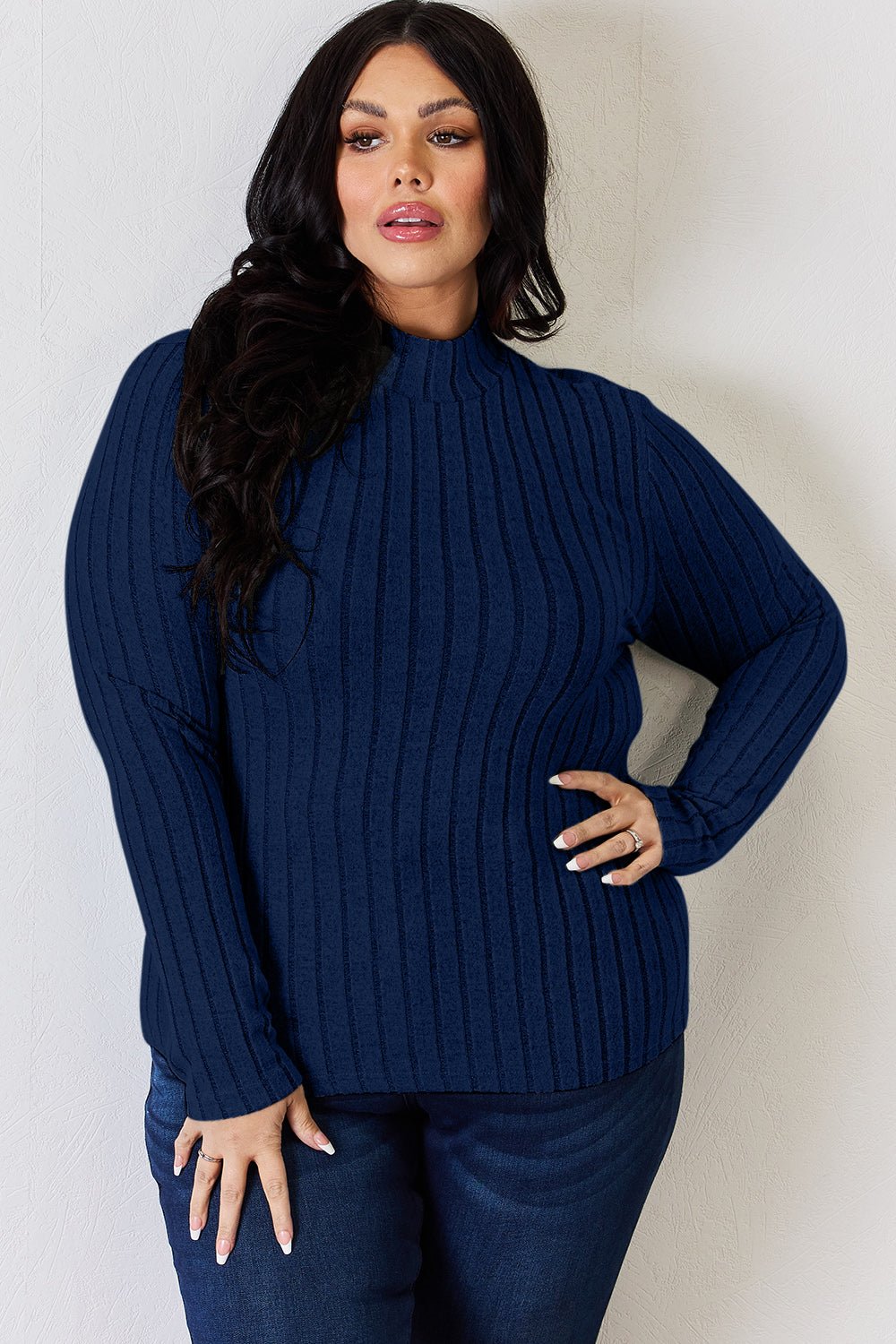 Basic Bae - Rib Knit Mock Neck Long Sleeve T-Shirt