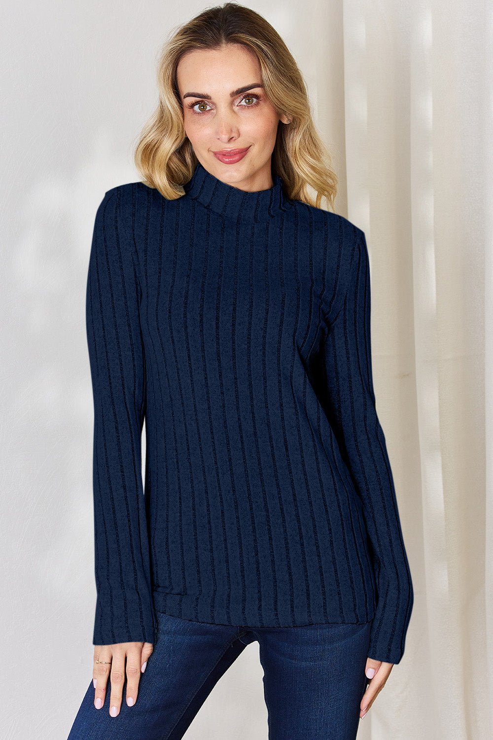 Basic Bae - Rib Knit Mock Neck Long Sleeve T-Shirt