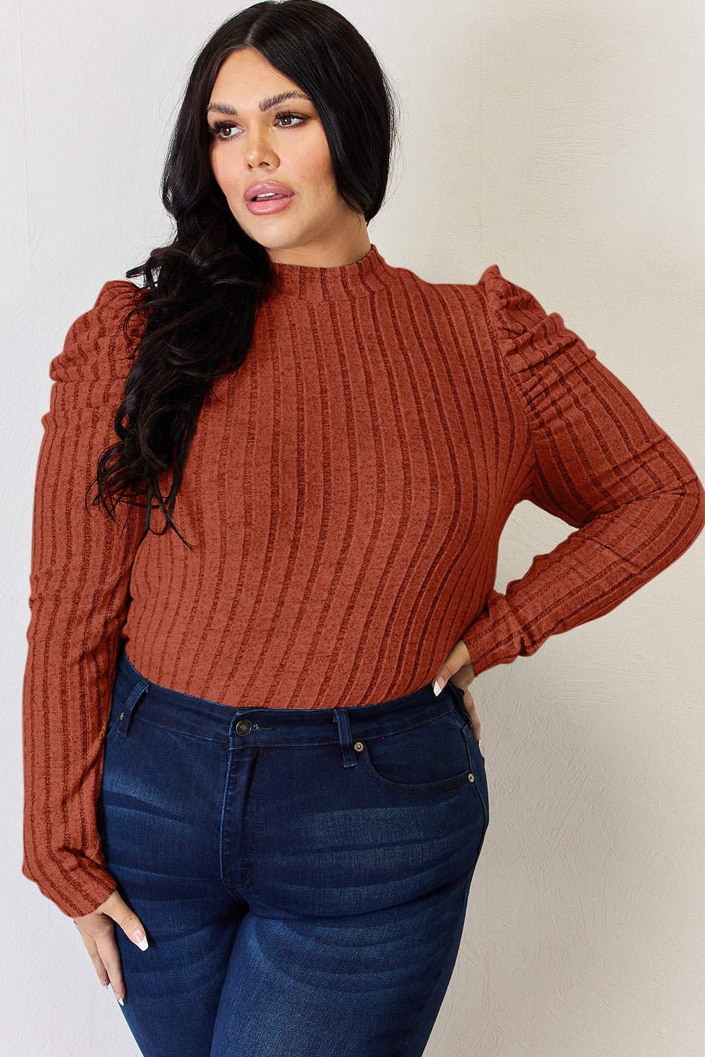 Basic Bae - Rib Knit Mock Neck Puff Sleeve T-Shirt