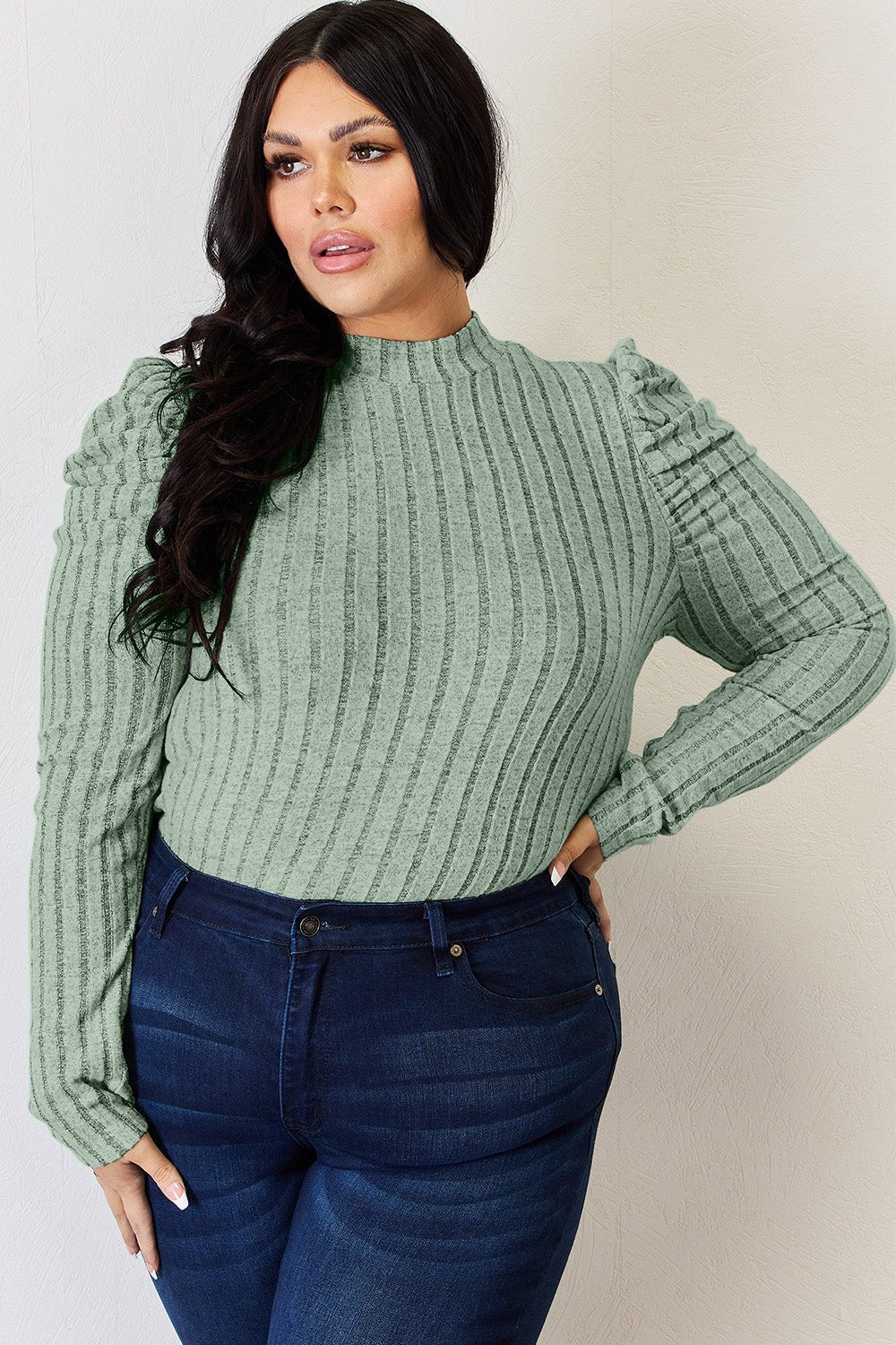 Basic Bae - Rib Knit Mock Neck Puff Sleeve T-Shirt