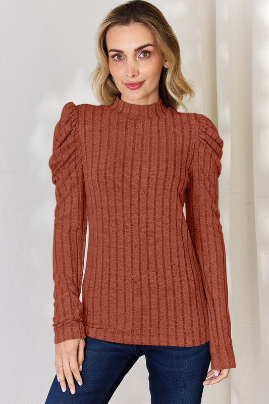 Basic Bae - Rib Knit Mock Neck Puff Sleeve T-Shirt