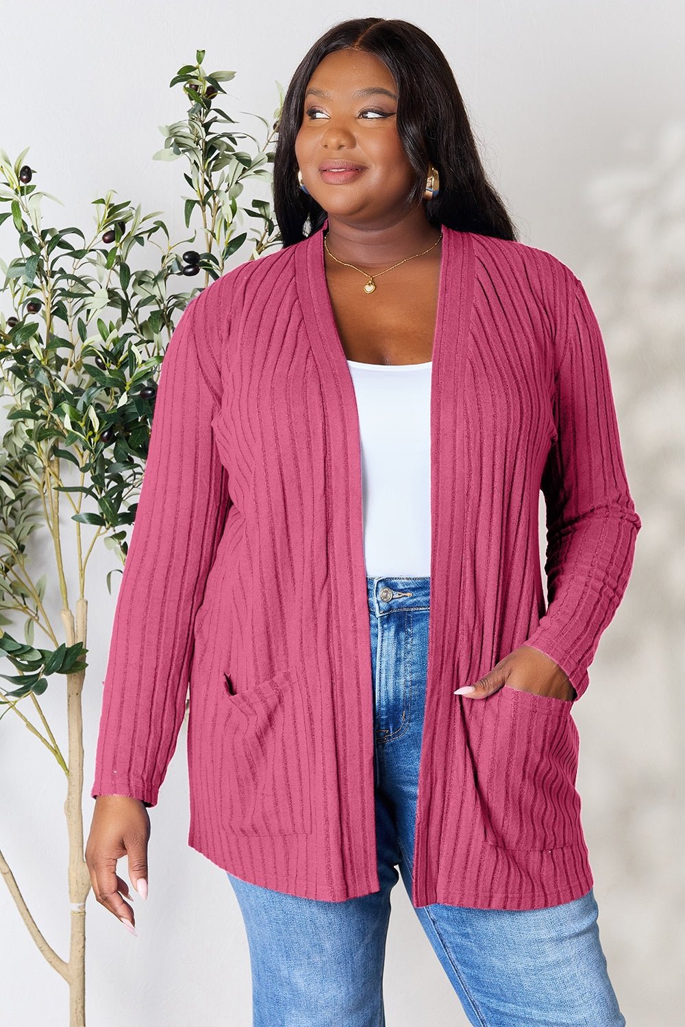 Basic Bae - Rib Knit Open Front Cardigan with Pockets