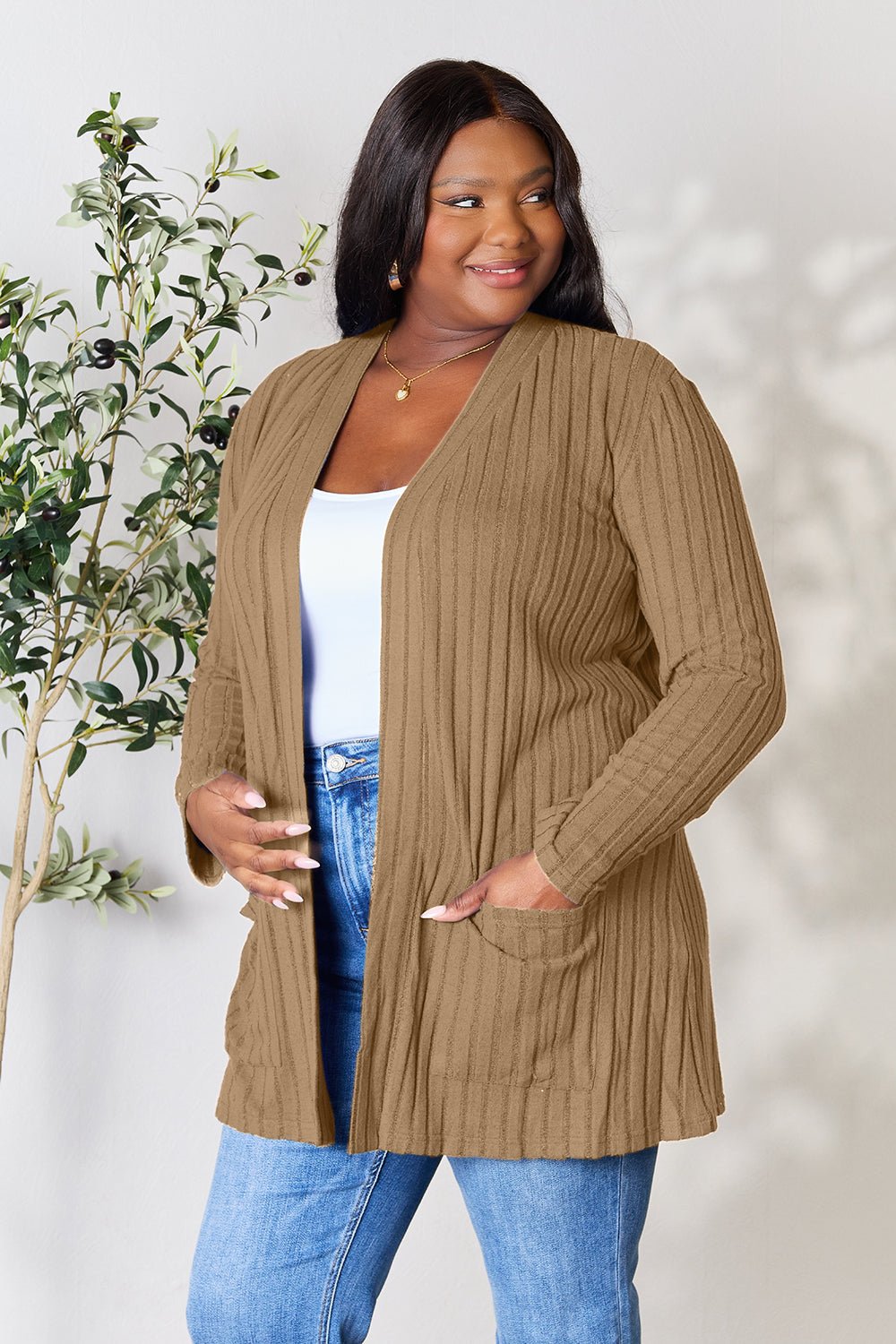 Basic Bae - Rib Knit Open Front Cardigan with Pockets