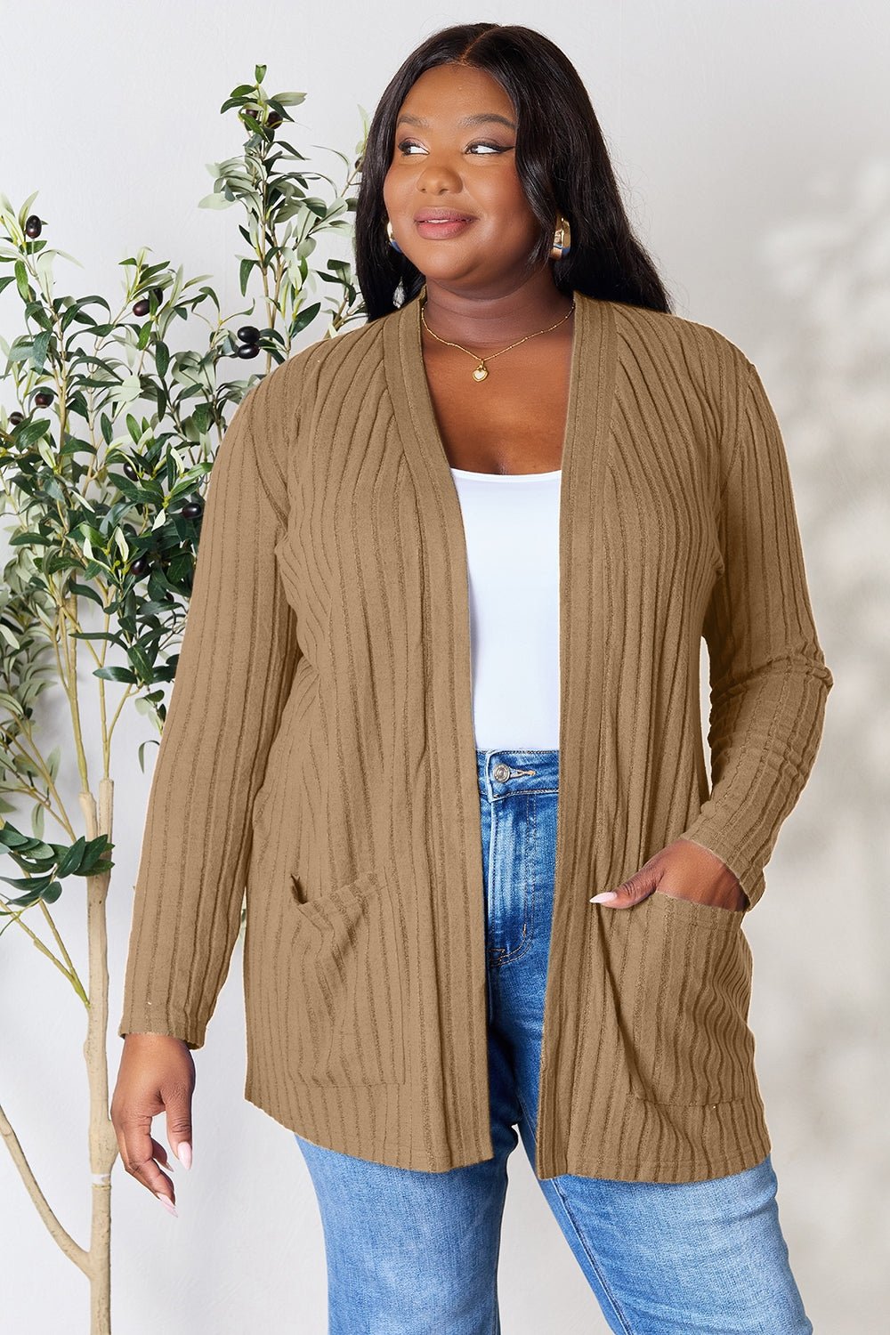 Basic Bae - Rib Knit Open Front Cardigan with Pockets