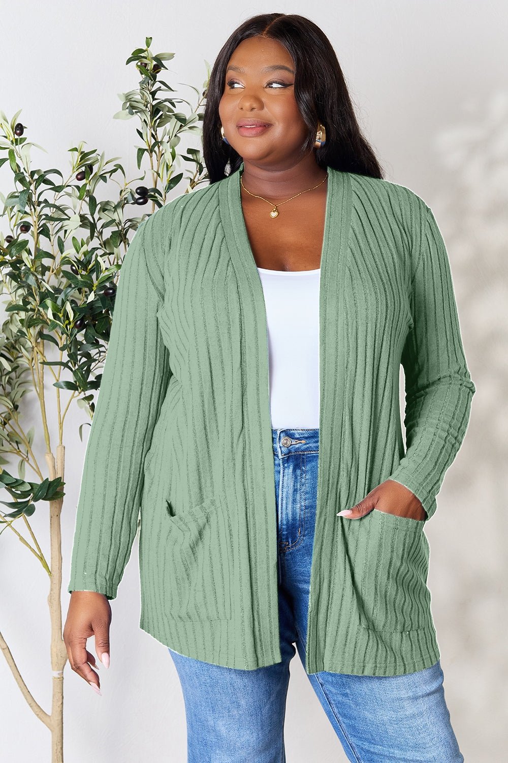 Basic Bae - Rib Knit Open Front Cardigan with Pockets