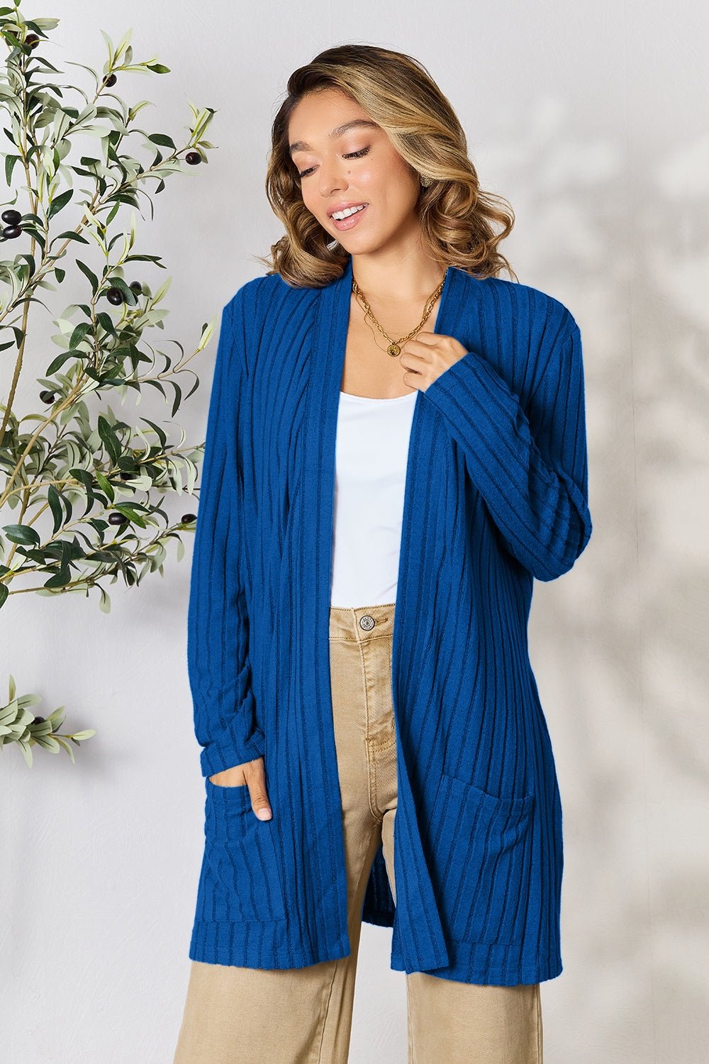 Basic Bae - Rib Knit Open Front Cardigan with Pockets