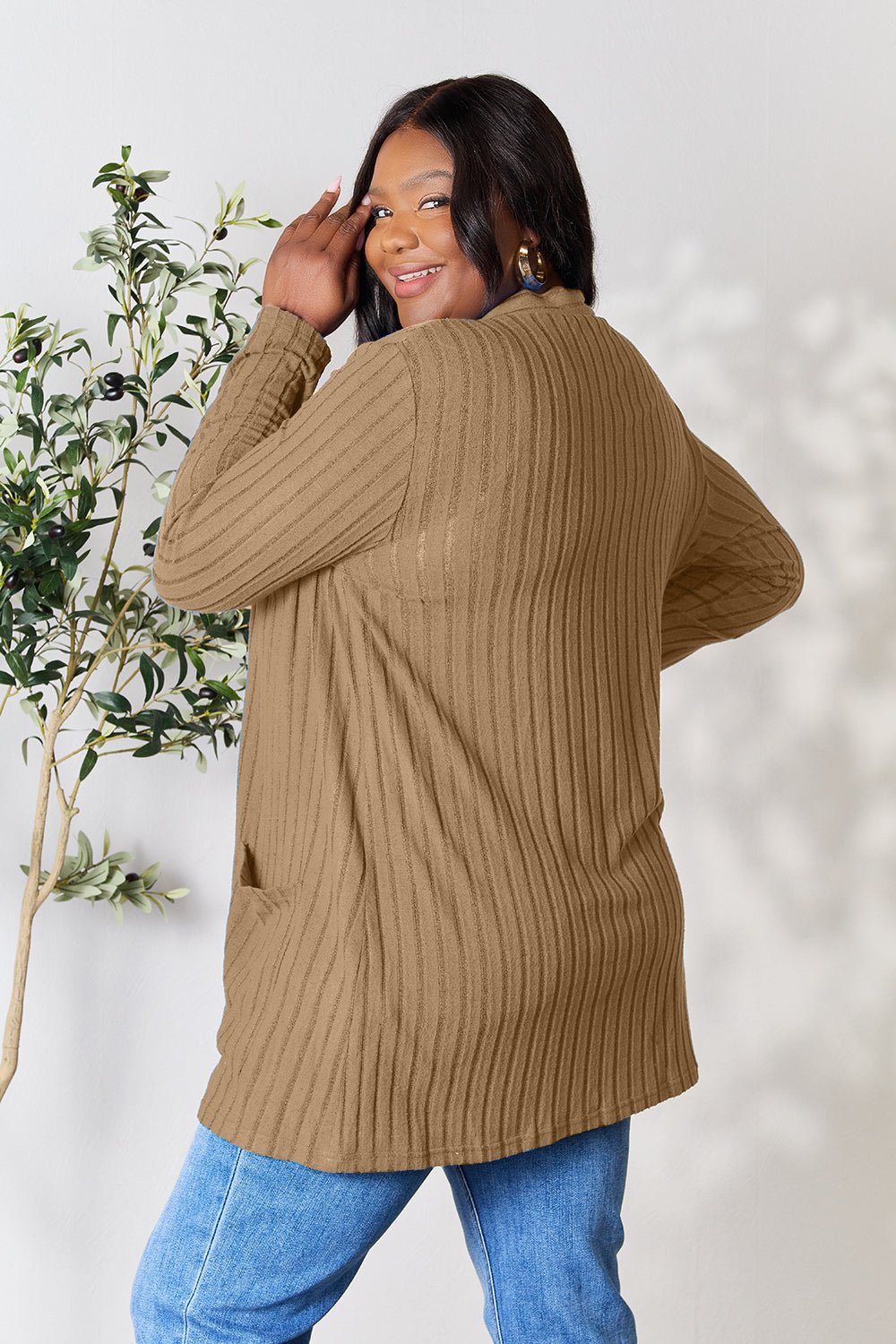 Basic Bae - Rib Knit Open Front Cardigan with Pockets