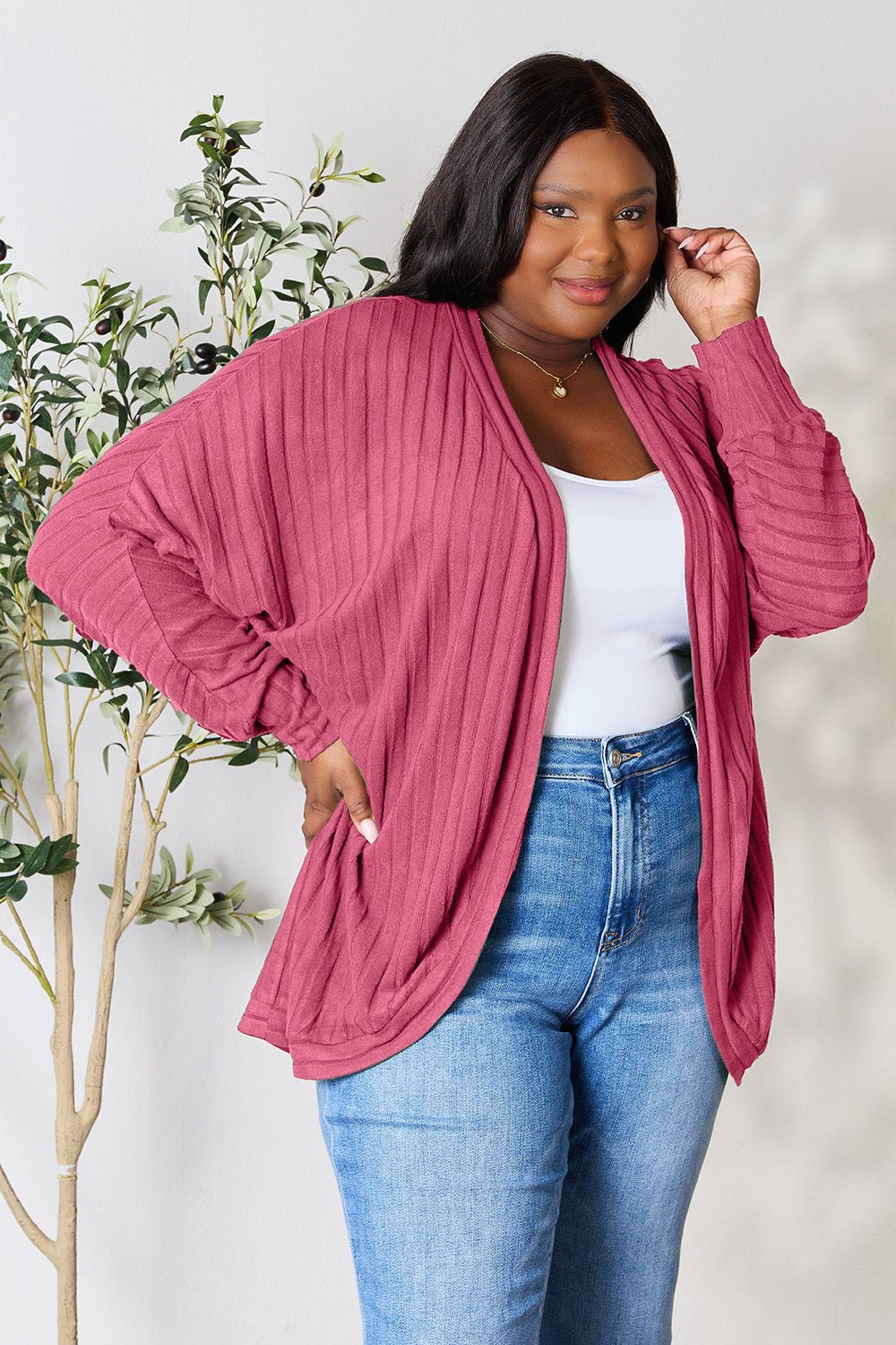 Basic Bae - Rib Knit Open Front Cocoon Cardigan