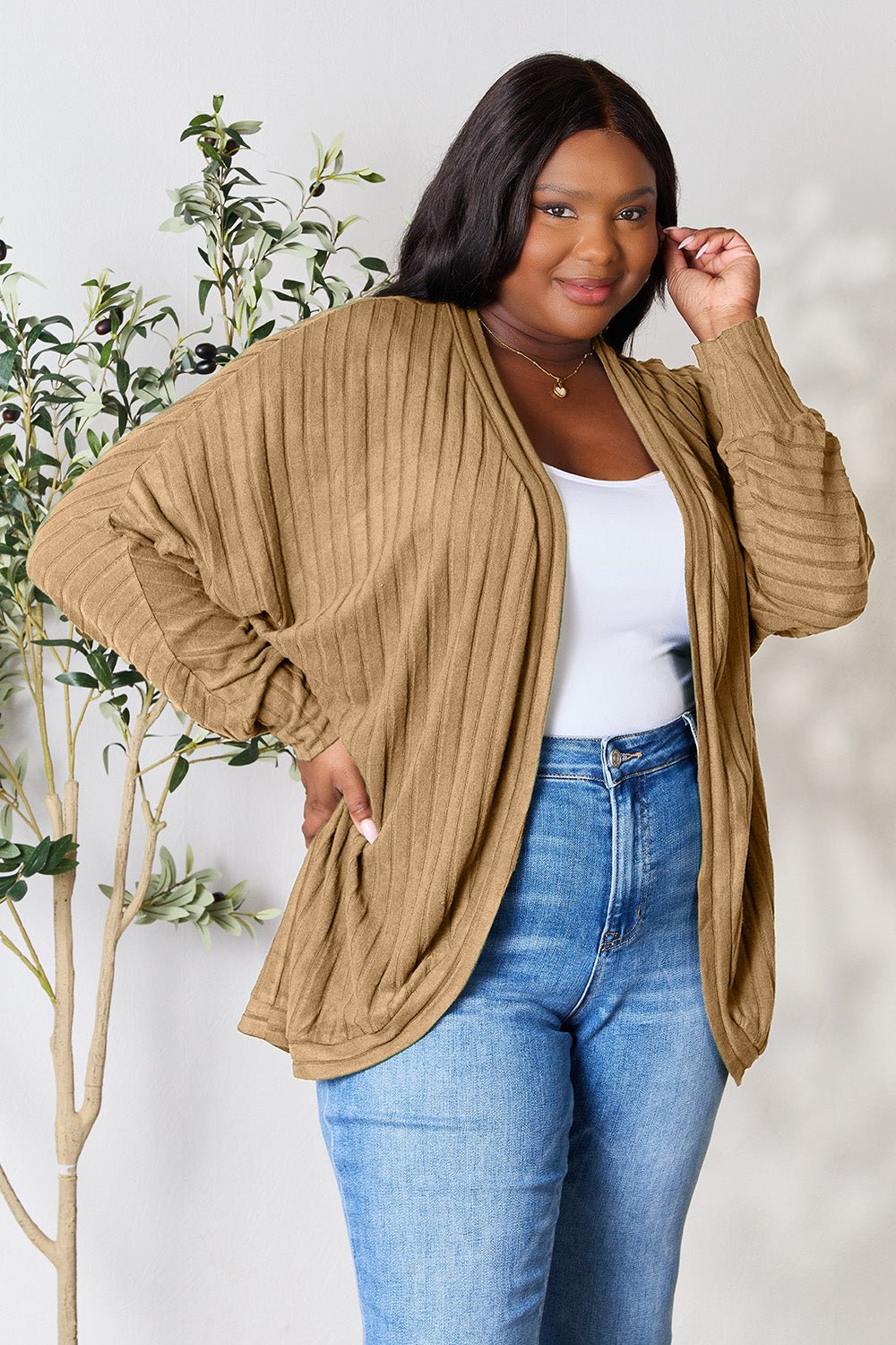 Basic Bae - Rib Knit Open Front Cocoon Cardigan