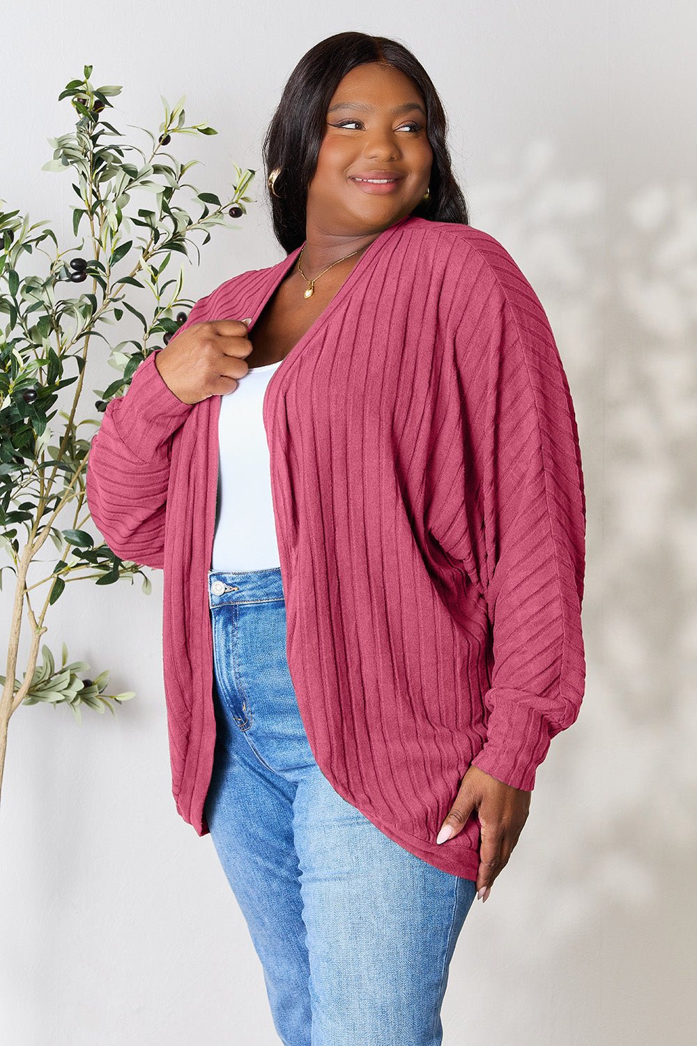 Basic Bae - Rib Knit Open Front Cocoon Cardigan