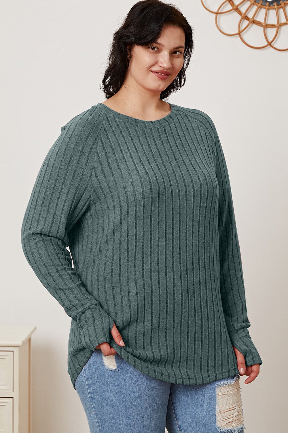 Basic Bae - Rib Knit Thumbhole Sleeve T-Shirt