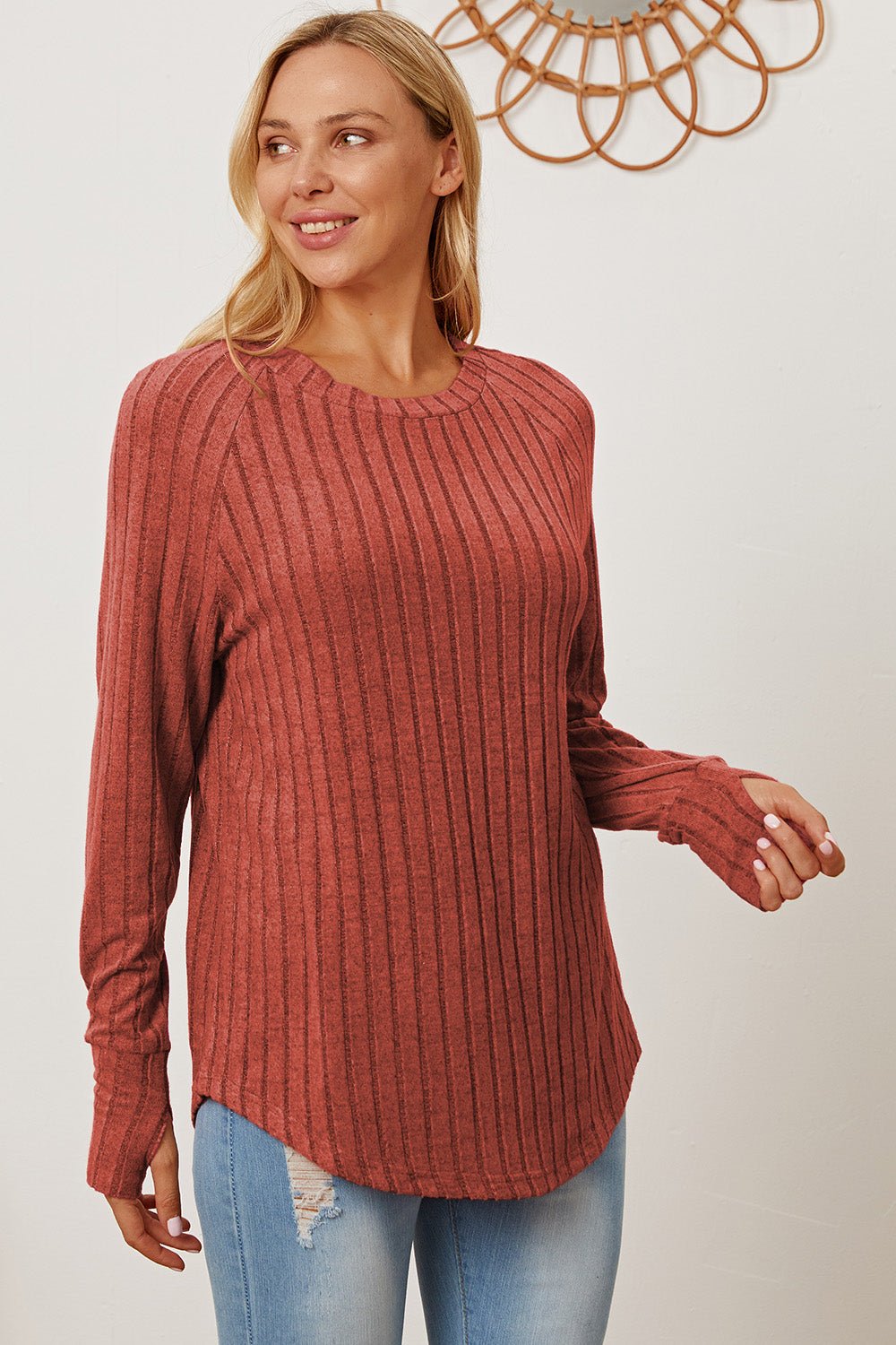 Basic Bae - Rib Knit Thumbhole Sleeve T-Shirt